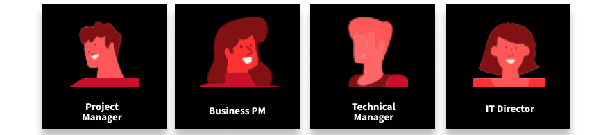 example project manager, business pm, technical manager, it director (shown as cartoon faces)